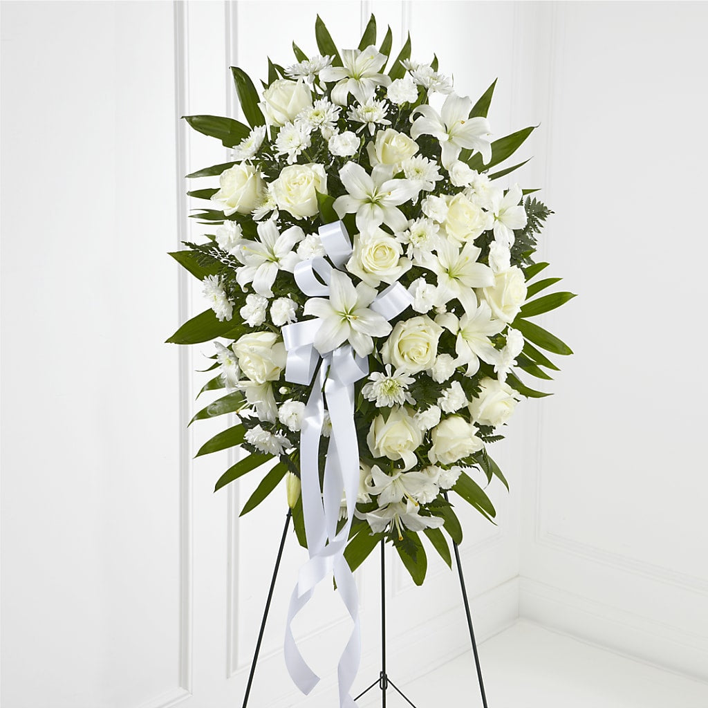Exquisite Tribute Standing Spray-White Ribbon – Floral Designs Atlanta Llc, Atlanta GA