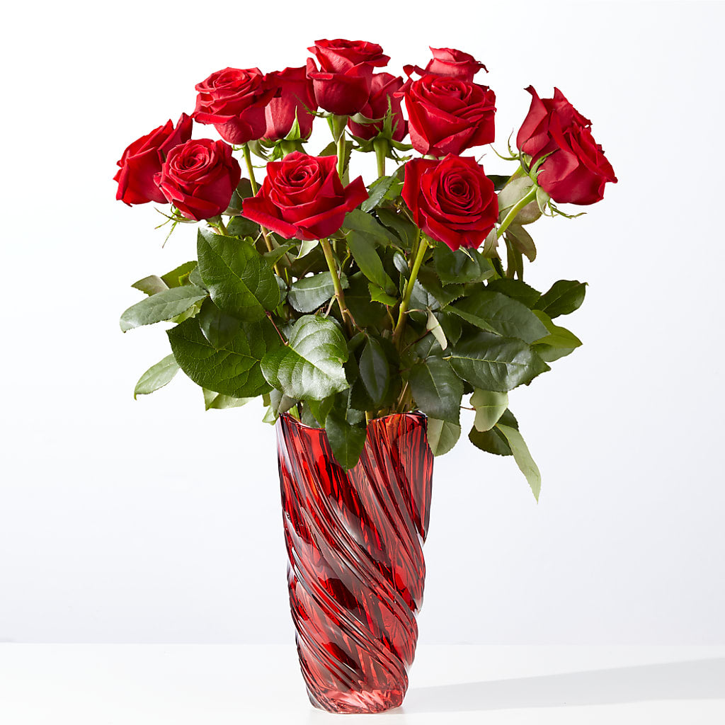 Classic Love Red Rose Bouquet with Luxe Swirl Vase – Floral Designs Atlanta Llc, Atlanta GA