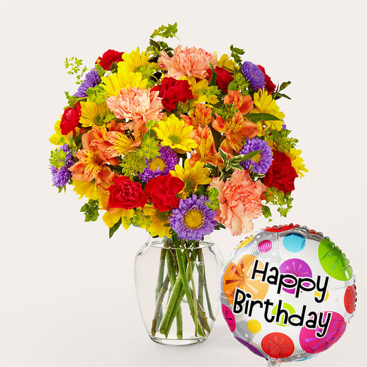 Kaleidoscope Bouquet with Birthday Balloon –  Floral Designs Atlanta Llc, Atlanta GA